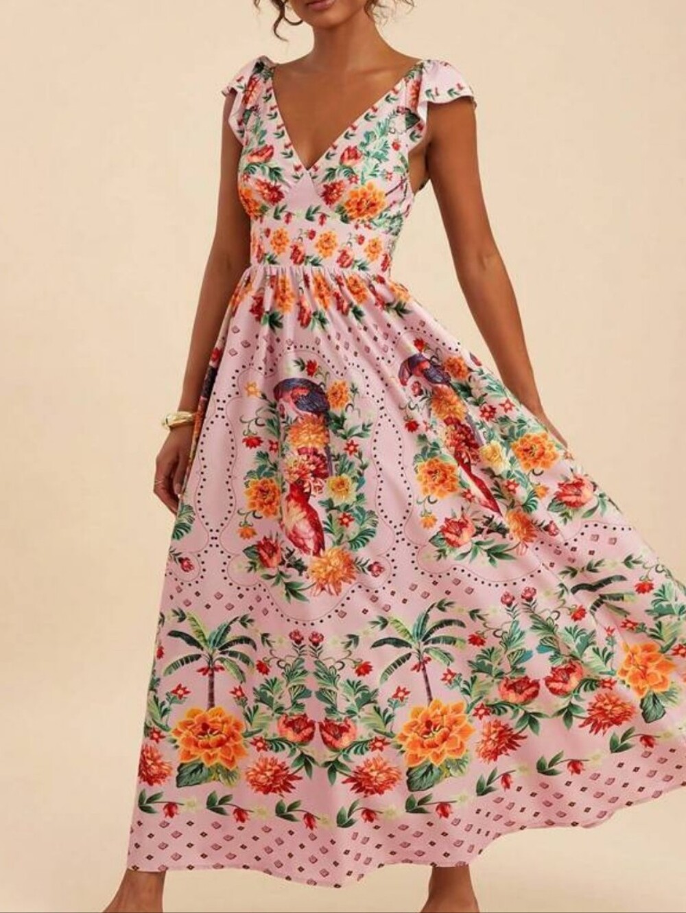 Pink Floral V-Neck Maxi Dress